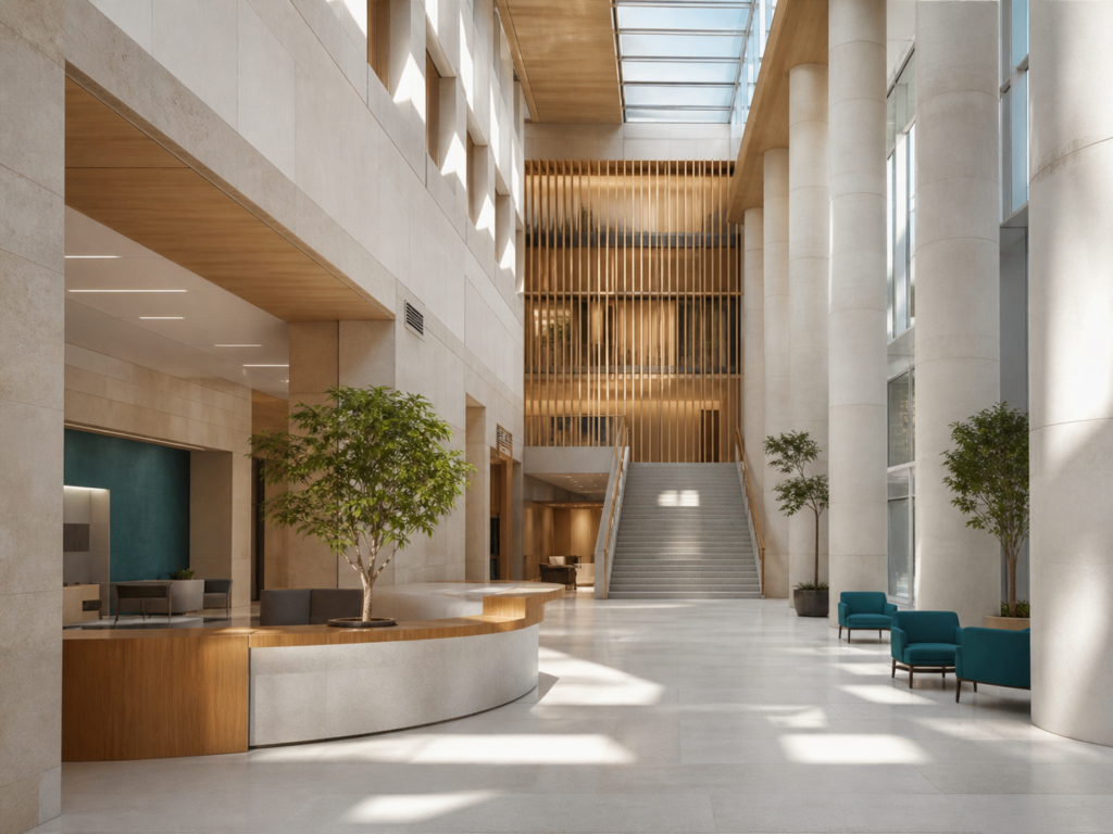 verwaltung-foyer-ki-2026-05 Modernes Verwaltungsfoyer mit Glasfassade