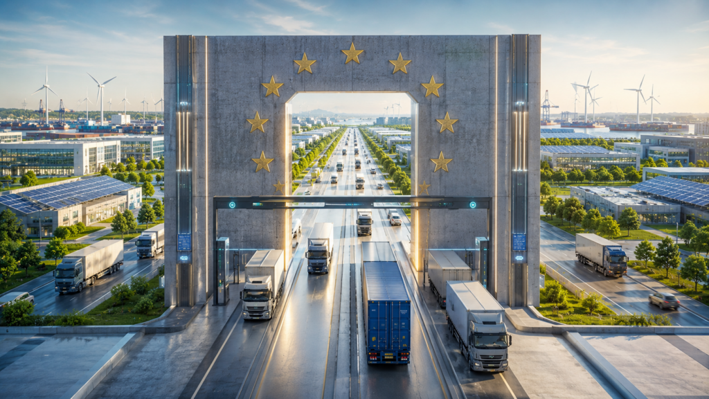 forschung-labor-ki-2026-05 EU-Tor als Messpunkt des CO₂-Grenzausgleichs, mit Warenverkehr und nachhaltiger Wirtschaft auf beiden Seiten