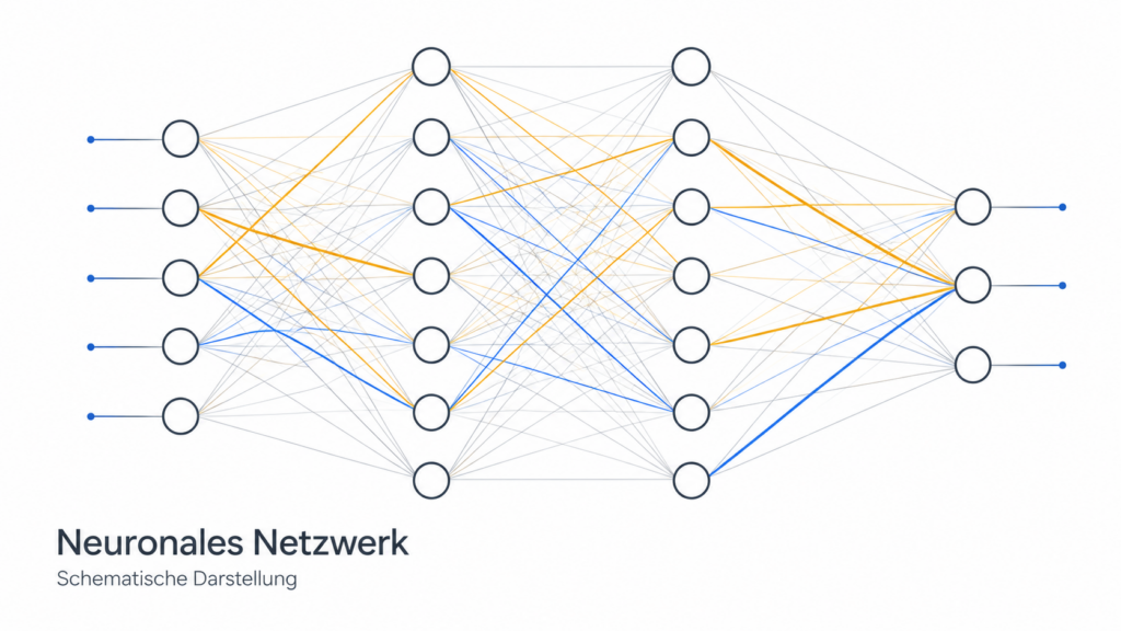 Schematische Darstellung eines neuronalen Netzwerks mit Eingabeschicht, zwei verdeckten Schichten und Ausgabeschicht, verbunden durch leuchtende Datenflusslinien